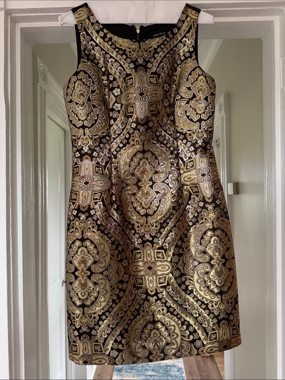 Chetta B Black and Gold Brocade Sheath Mini Dress